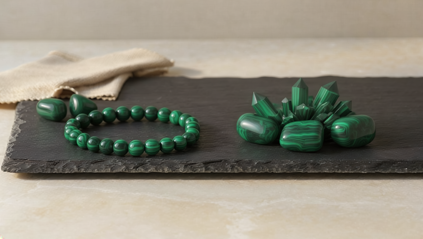 Natural Malachite stone — polished specimen showing characteristic colour and texture